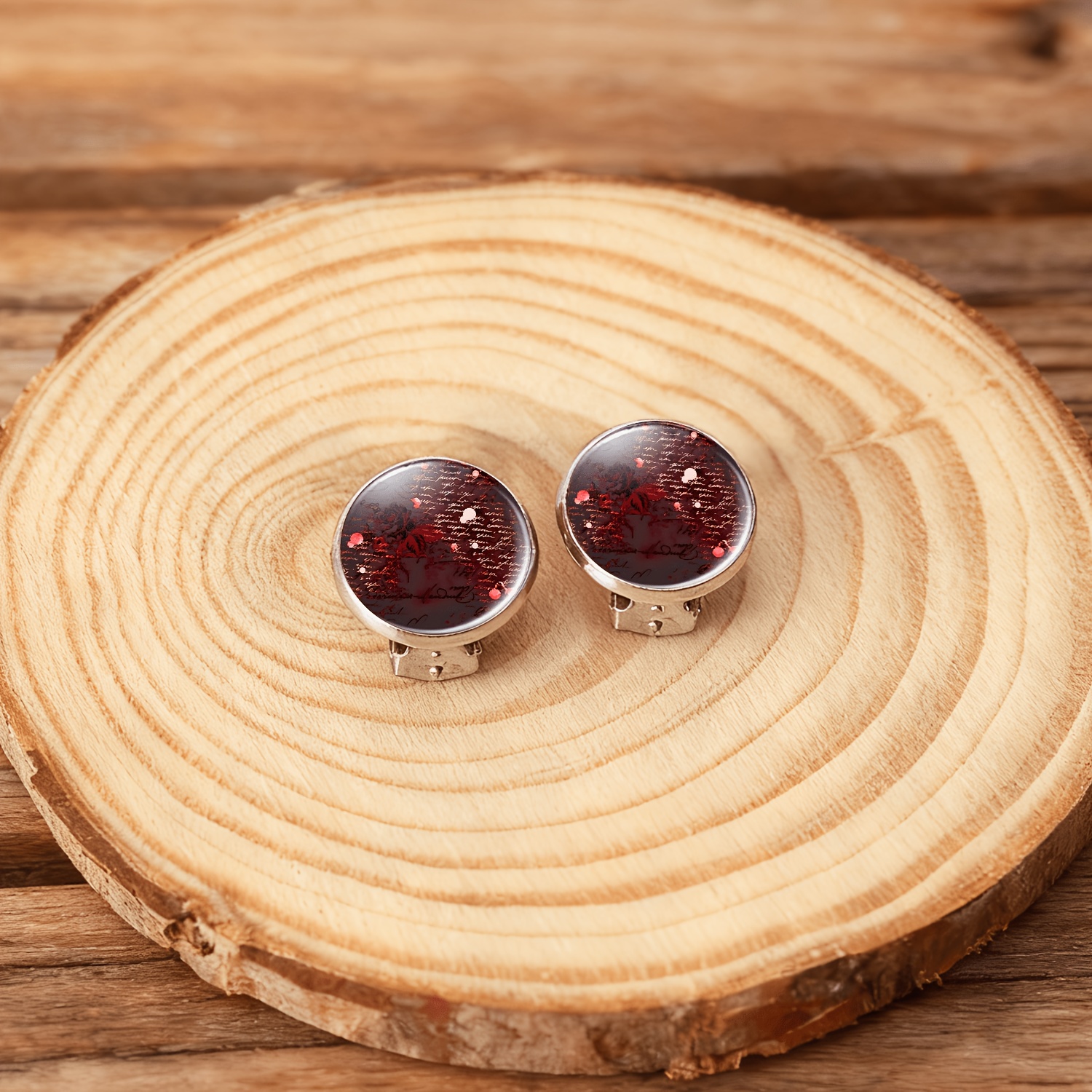 2pcs No-Pierced Ear Clip Round Glass Face Earrings Set